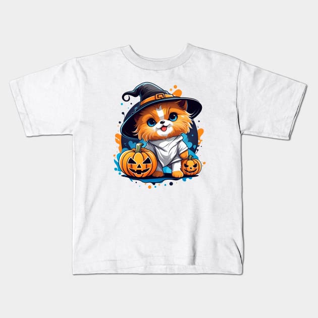 A Cat wearing a witches hat and holding a pumpkin Kids T-Shirt by CreativeXpro
